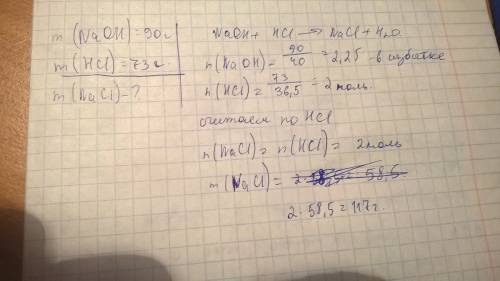 Определить массу соли ,образующейся при взаимодействии 90 г гидроксида натрия с 73 г хлороводорода.