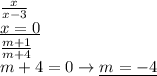 \frac{x}{x-3} \\ &#10;\underline{x=0} \\ &#10; \frac{m+1}{m+4} \\ &#10;m+4=0\rightarrow \underline{m=-4} \\