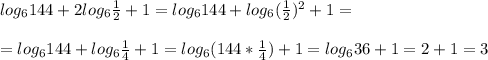 log_6144+2log_6 \frac{1}{2}+1=log_6144+log_6 (\frac{1}{2})^2+1=\\\\=log_6144+log_6 \frac{1}{4}+1=log_6(144* \frac{1}{4})+1=log_636+1=2+1=3