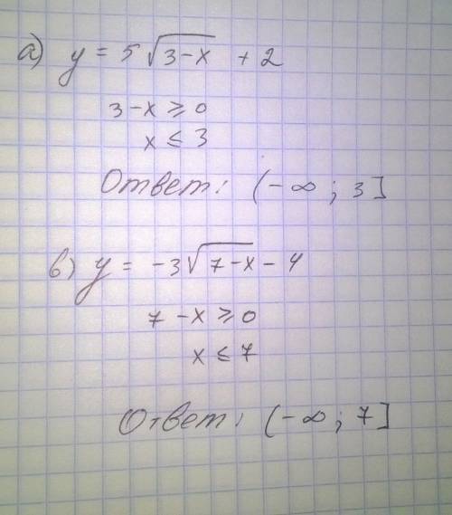 Найти область определения функции: а) y=5[√3-x]+2 b) y=-3[√7-x]-4 p.s. в квадратных скобках подкорен