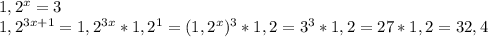 1,2^x=3\\1,2^{3x+1}=1,2^{3x}*1,2^1=(1,2^x)^3*1,2=3^3*1,2=27*1,2=32,4