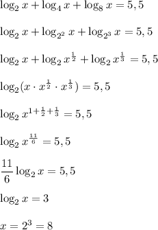 \log_2 x +\log_4 x + \log_8 x = 5,5\\\\\log_2 x +\log_{2^2} x + \log_{2^3} x = 5,5\\\\\log_2 x +\log_{2} x^ \frac{1}{2} + \log_{2} x^{ \frac{1}{3} } = 5,5\\\\\log_2 (x\cdot x^{ \frac{1}{2} }\cdot x^{ \frac{1}{3} })=5,5\\\\\log_2 x^{1+ \frac{1}{2} + \frac{1}{3} }=5,5\\\\\log_2 x^{ \frac{11}{6} }=5,5\\\\ \dfrac{11}{6} \log_2x=5,5\\\\\log_2 x=3\\\\x=2^3=8