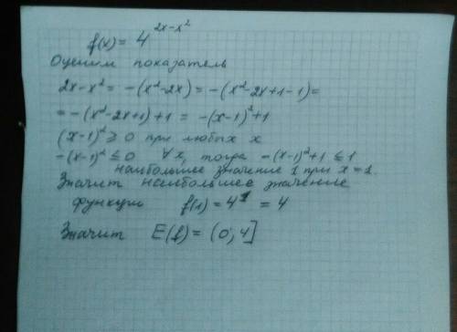 Нужно определить множество значений функции f(x)=4 в степени 2x-x^2 ,если можно с решением