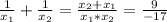 \frac{1}{x_{1}}+\frac{1}{x_{2}}=\frac{x_{2}+x_{1}}{x_{1}*x_{2}}=\frac{9}{-17}