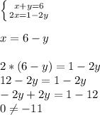 \left \{ {{x+y=6} \atop {2x=1-2y}} \right. \\ \\ x=6-y \\ \\ 2*(6-y)=1-2y \\ 12-2y=1-2y \\ -2y+2y=1-12 \\ 0 \neq -11