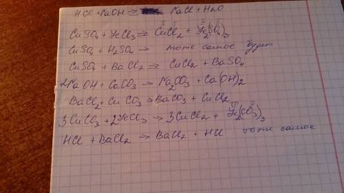 Решить реакции ионного обмена : hcl+naoh= cuso4+fecl3= cuso4+h2so4= cuso4+bacl2= naoh+caco3= bacl+cu