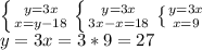 \left \{ {{y=3x} \atop {x=y-18}} \right. \left \{ {{y=3x} \atop {3x-x=18}} \right. \left \{ {{y=3x} \atop {x=9}} \right. &#10; \\ y=3x=3*9=27