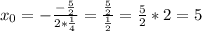 x_0=- \frac{- \frac{5}{2}}{2* \frac{1}{4}}=\frac{\frac{5}{2}}{\frac{1}{2}}= \frac{5}{2}*2=5