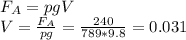 F_{A} =pgV \\ V= \frac{F_{A} }{pg} = \frac{240}{789*9.8}= 0.031