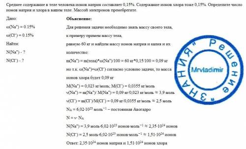 Среднее содержание в теле человека ионов натрия составляет 0,15%. содержание ионов хора тоже 0,15%.