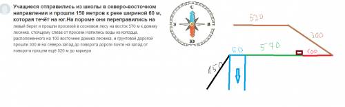 Учащиеся отправились из школы в северо-восточном направлении и метров к реке шириной 60 м, которая т