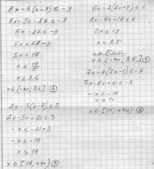 Снужно 1)решите неравенство 8x-3(x+9) меньше или равно -9 1) [4; + бесконечность) 2) (- бесконечност