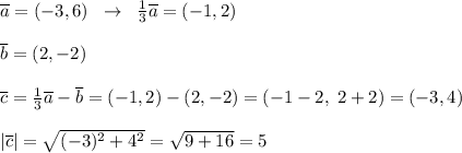 \overline {a}=(-3,6)\; \; \to \; \; \frac{1}{3}\overline {a}=(-1,2)\\\\\overline {b}=(2,-2)\\\\\overline {c}=\frac{1}{3}\overline {a}-\overline {b}=(-1,2)-(2,-2)=(-1-2,\; 2+2)=(-3,4)\\\\|\overline {c}|=\sqrt{(-3)^2+4^2}=\sqrt{9+16}=5