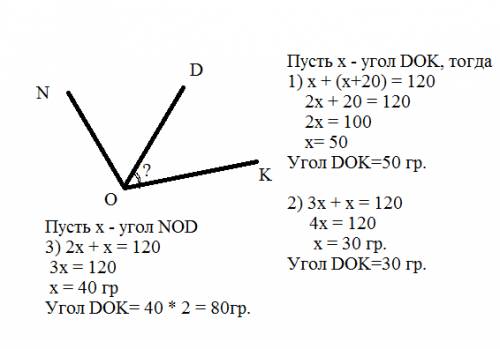Решите с уравнения угол nok равен 120 градусов, od - луч, проведённый внутри него. сколько градусов