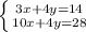 \left \{ {{3x+4y=14} \atop {10x+4y=28}} \right.