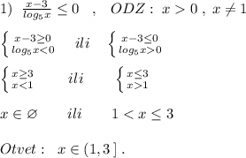 1)\; \; \frac{x-3}{log_5x}\leq 0\; \; \; ,\; \; \; ODZ:\; x0\; ,\; x\ne 1\\\\\left \{ {{x-3\geq 0} \atop {log_5x0}} \right.\\\\\left \{ {{x\geq 3} \atop {x1}} \right.\\\\x\in \varnothing \qquad ili\qquad 1