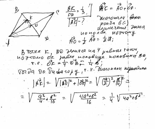 Диагонали ромба ac=a; bd=b.точка k принадлежит bd и bk: kd=1: 3 найдите величину вектора ak