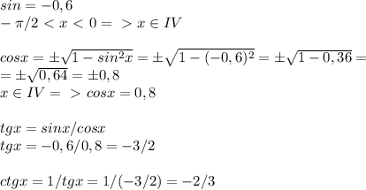 sin=-0,6\\- \pi /2\ \textless \ x\ \textless \ 0=\ \textgreater \ x\in IV\\\\cosx=б \sqrt{1-sin^2x}=б \sqrt{1-(-0,6)^2}=б \sqrt{1-0,36}=\\=б \sqrt{0,64}=б0,8\\x\in IV=\ \textgreater \ cosx=0,8\\\\tgx=sinx/cosx\\tgx=-0,6/0,8=-3/2\\\\ctgx=1/tgx=1/(-3/2)=-2/3