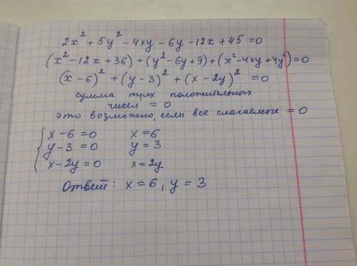 Решите пример обьясните как 2x²+5y²-4xy-6y-12x+45=0 зарание .