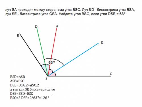Промінь sa проходить між сторонами кута bsc. промінь sd - бісектриса кута bsa, промінь se - бісектри
