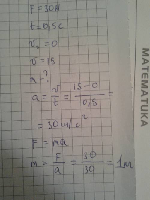 Под действием постоянной силы 30 h скорость камня за 0,5 с увеличилась от 0 до 15 м/с. вычислите мас