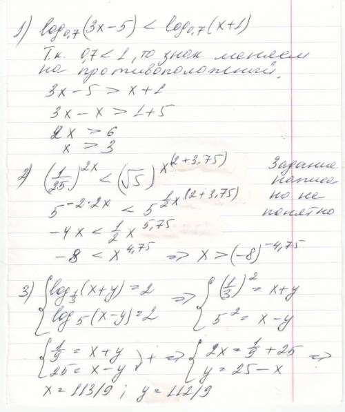 :1)логарифм числа (3х-5) по основанию 0.7 < логарифма (x+1) по основанию 0.7 2) (1/25)^2x < (к