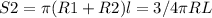 S2= \pi (R1+R2)l= 3/4 \pi RL