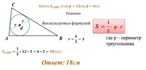 Периметр треугольника abc равен 12 см,а диаметр окружности,вписанной в него,равен 6 см.найдите плоша