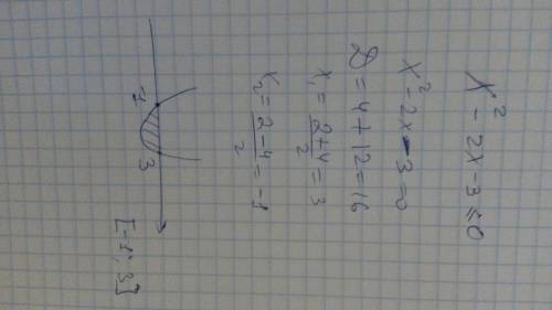 X^2 - 2х - 3 < = 0 (меньше либо равно) решить неравенство и показать на координатной прямой