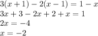 3(x+1)-2(x-1) = 1-x \\ 3x+3-2x+2+x=1 \\ 2x=-4 \\ x=-2