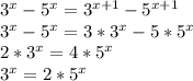 3^x-5^x= 3^{x+1} -5^{x+1} \\ 3^x-5^x= 3*3^{x} -5*5^{x} \\ 2*3^{x}= 4*5^{x} \\ 3^{x}= 2*5^{x} \\