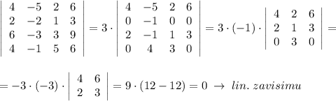 \left|\begin{array}{cccc}4&-5&2&6\\2&-2&1&3\\6&-3&3&9\\4&-1&5&6\end{array}\right| =3\cdot \left|\begin{array}{cccc}4&-5&2&6\\0&-1&0&0\\2&-1&1&3\\0&4&3&0\end{array}\right| =3\cdot (-1)\cdot \left|\begin{array}{ccc}4&2&6\\2&1&3\\0&3&0\end{array}\right| =\\\\\\=-3\cdot (-3)\cdot \left|\begin{array}{cc}4&6\\2&3\end{array}\right| =9\cdot (12-12)=0\; \to \; lin.\; zavisimu\\