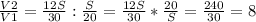 \frac{V2}{V1} = \frac{12S}{30} : \frac{S}{20} = \frac{12S}{30} * \frac{20}{S} = \frac{240}{30} =8