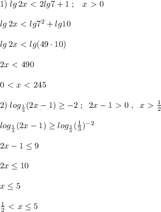 1)\; lg\, 2x\ \textless \ 2lg7+1\; ;\; \; \; x\ \textgreater \ 0\\\\lg\, 2x\ \textless \ lg7^2+lg10\\\\lg\, 2x\ \textless \ lg(49\cdot 10)\\\\2x\ \textless \ 490\\\\0\ \textless \ x\ \textless \ 245\\\\2)\; log_{\frac{1}{3}}(2x-1) \geq -2\; ;\; \; 2x-1\ \textgreater \ 0\; ,\; \; x\ \textgreater \ \frac{1}{2}\\\\log_{\frac{1}{3}}(2x-1) \geq log_{\frac{1}{3}}(\frac{1}{3})^{-2}\\\\2x-1 \leq 9\\\\2x \leq 10\\\\x \leq 5\\\\\frac{1}{2}\ \textless \ x \leq 5\\