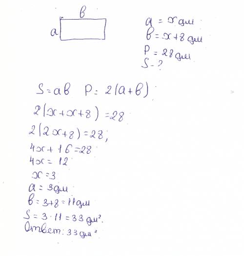 Впрямоугольнике одна сторона 8 дм больше другой. найдите площадь прямоугольника если его периметр ра