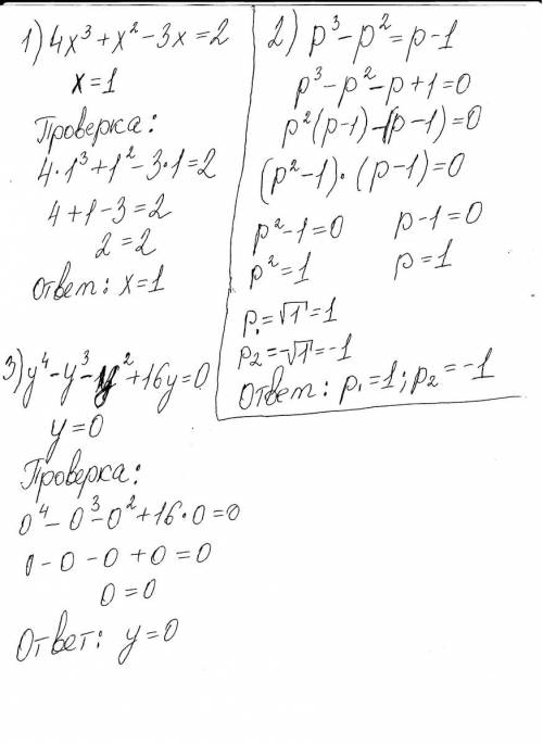 Решите уравнение : 1)4x^3+x^2-3x=2 2)p^3-p^2=p-1 3)y^4-y^3-16^2+16y=0