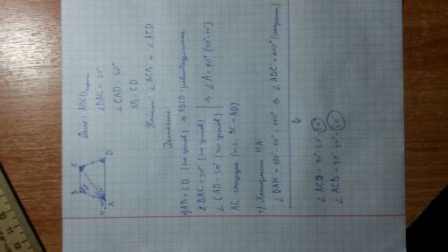 Втрапеции abcd известно,что ab=cd, угол bac=20 градусов, угол cad = 50 градусов. найдите углы acb и