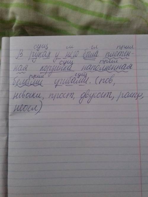 Зделать синтаксический разбор предложения : в руках у него была плетенная корзинка наполненная белым