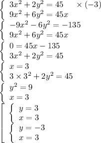 \left \{ \begin{array}{lcl}3 {x}^{2} + 2 {y}^{2} = 45 \: \: \: \: \: \: \times ( - 3)\\9 {x}^{2} + 6 {y}^{2} = 45x \end{array} \right. \\ \left \{ \begin{array}{lcl} - 9 {x}^{2} - 6 {y}^{2} = - 135\\9 {x}^{2} + 6 {y}^{2} = 45x\end{array} \right. \\ \left \{ \begin{array}{lcl}0 = 45x - 135 \\3 {x}^{2} + 2 {y}^{2} = 45\end{array} \right. \\ \left \{ \begin{array}{lcl}x = 3\\3 \times {3}^{2} + 2 {y}^{2} = 45 \end{array} \right. \\ \left \{ \begin{array}{lcl} {y}^{2} = 9 \\x = 3 \end{array} \right. \\ \left [ \begin{array}{lcl}\left \{ \begin{array}{lcl} y = 3 \\ x =3 \end{array} \right.\ \\ \left \{ \begin{array}{lcl} y = -3 \\ x =3 \end{array} \right. \end{array} \right.