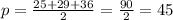 p= \frac{25+29+36}{2} = \frac{90}{2} =45