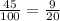 \frac{45}{100} = \frac{9}{20} \\ &#10;