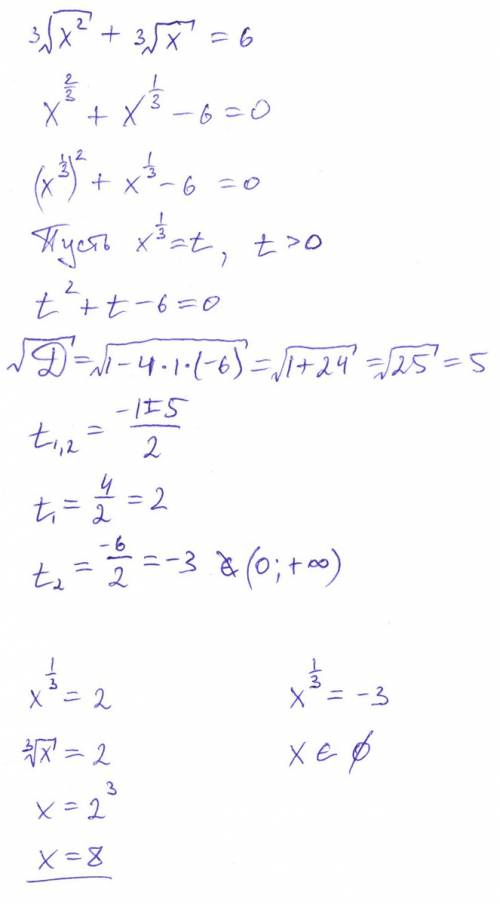 Уравнение : корень 3 из х^2 + корень 3 из х = 6 (с объяснением )