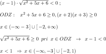 (x-1)\cdot \sqrt{x^2+5x+6}\ \textless \ 0\; ; \\\\ ODZ:\;\; \; x^2+5x+6 \geq 0,(x+2)(x+3) \geq 0\\\\ x\in (-\infty -3\, ]\cup [\, -2,+\infty )\\\\\sqrt{x^2+5x+6} \geq 0\; \; pri \; \; x\in ODZ\; \; \to \; \; x-1\ \textless \ 0\\\\x\ \textless \ 1\; \; \Rightarrow \; x\in (-\infty ,-3\, ]\cup [\, -2,1)