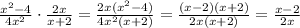 \frac{ x^{2}-4 }{ 4x^{2} }\cdot \frac{2x}{x+2} = \frac{2x(x^2-4)}{4x^2(x+2)} = \frac{(x-2)(x+2)}{2x(x+2)} = \frac{x-2}{2x}