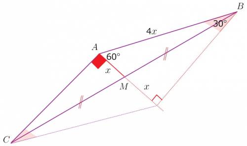 Втреугольнику авс медиана ам в четыре раза меньше стороны ав и образует с ней угол 60 градусов.найди