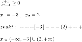 \frac{3+x}{2x-4}\geq 0\\\\x_1=-3\; ,\; \; x_2=2\\\\znaki:\; \; +++[-3\, ]---(2)+++\\\\x\in (-\infty ,-3\, ]\cup (2,+\infty )