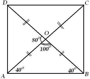 Угол между диагоналями прямоугольника 80 градусов. найдите углы, которые образуют его диагонали с бо