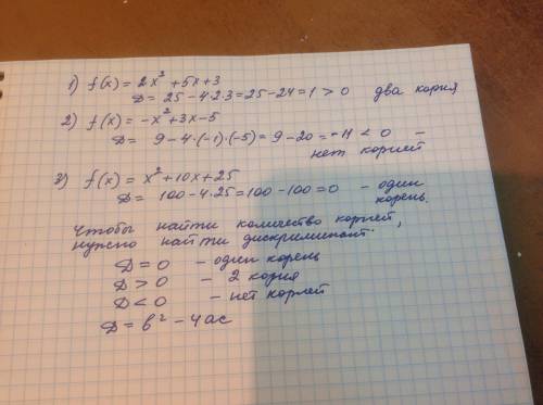 Не вычисляя нули функции, определить их количество: 1). f(x)=2^2+5x+3 2). f(x)=-x^2+3x-5 3). f(x)=x^