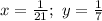 x= \frac{1}{21}; \ y= \frac{1}{7}