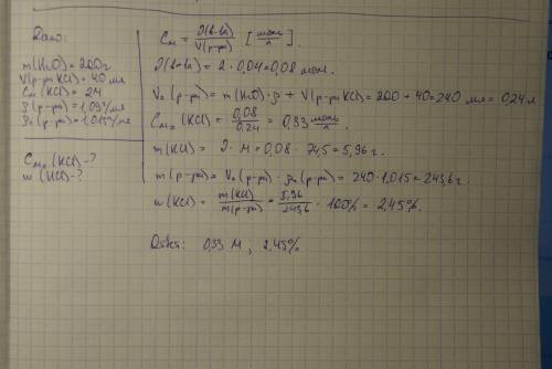 Кводе массой 200г прилили раствор 2мkcl объемом 40 мл и плотностью 1,09 г/мл определите молярную кон
